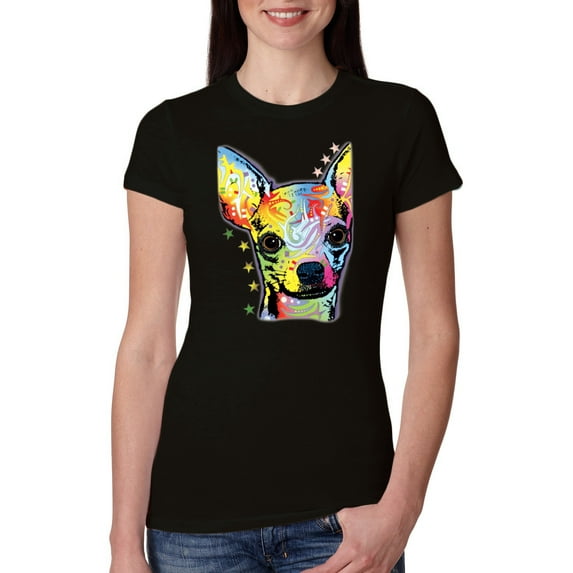Wild Bobby Dean Russo Colorful Chihuahua Dog Lover Women Slim Fit Junior Tee, Black, Small