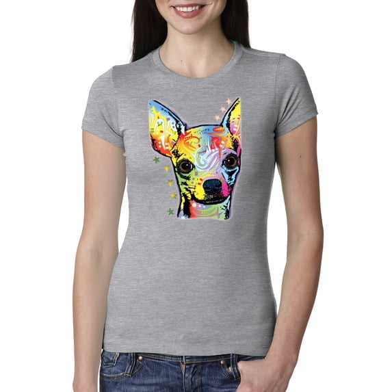 Wild Bobby Dean Russo Colorful Chihuahua Dog Lover Women Slim Fit Junior Tee, Heather Grey, Medium
