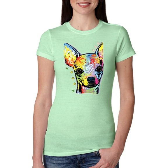 Wild Bobby Dean Russo Colorful Chihuahua Dog Lover Women Slim Fit Junior Tee, Mint, X-Large