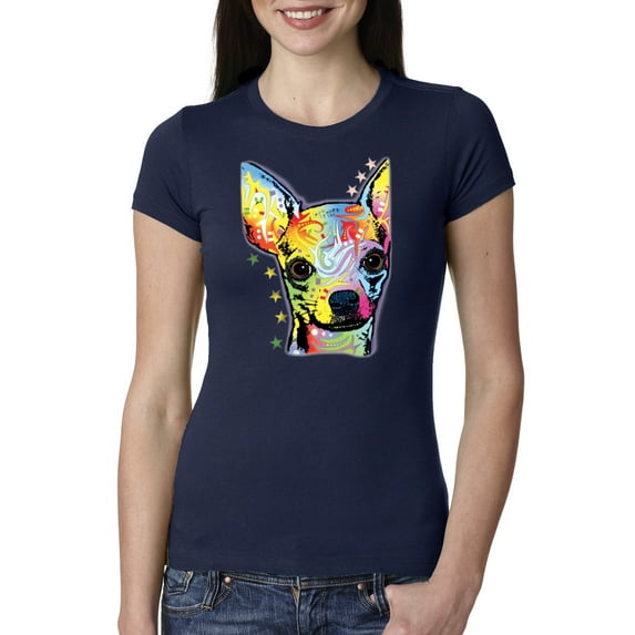 Wild Bobby Dean Russo Colorful Chihuahua Dog Lover Women Slim Fit Junior Tee, Navy, Large