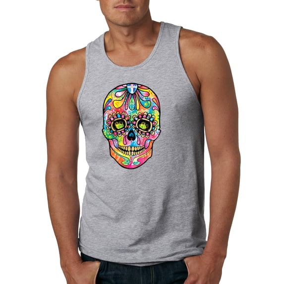Wild Bobby Dean Russo Colorful Sugar Skull Streetwear Men Graphic Tank Top, Heather Grey, X-Large