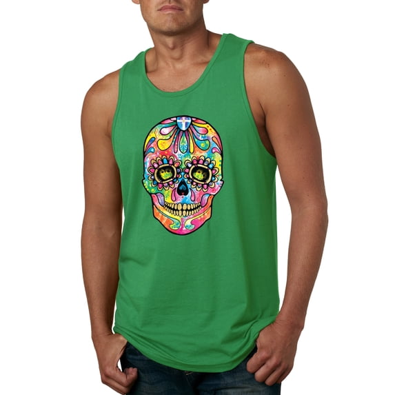 Wild Bobby Dean Russo Colorful Sugar Skull Streetwear Men Graphic Tank Top, Kelly, X-Large