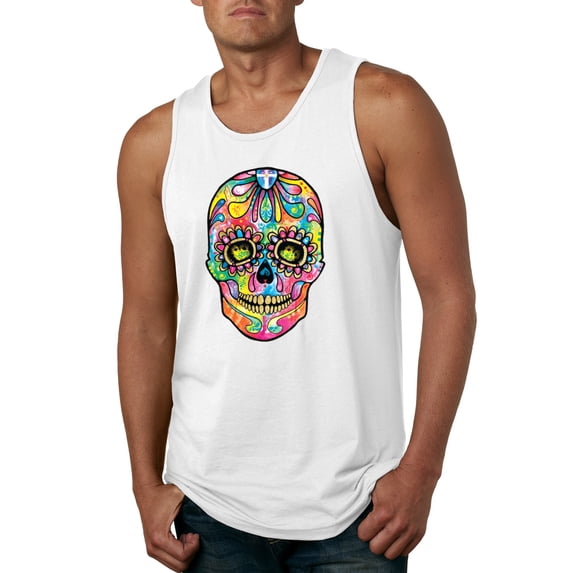 Wild Bobby Dean Russo Colorful Sugar Skull Streetwear Men Graphic Tank Top, White, Medium