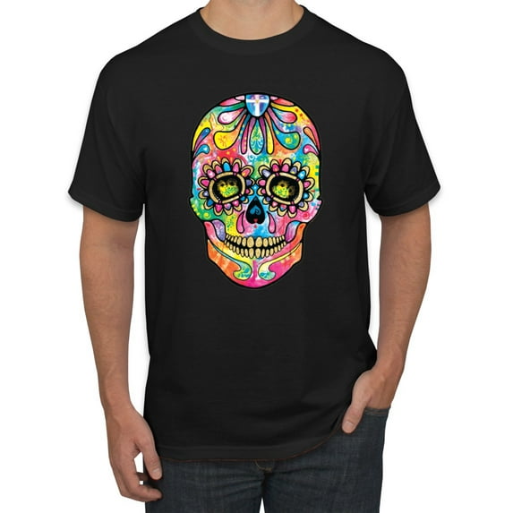 Wild Bobby Dean Russo Colorful Sugar Skull Streetwear Men Graphic Tee, Black, Small