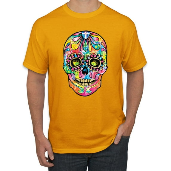 Wild Bobby Dean Russo Colorful Sugar Skull Streetwear Men Graphic Tee, Gold, Large