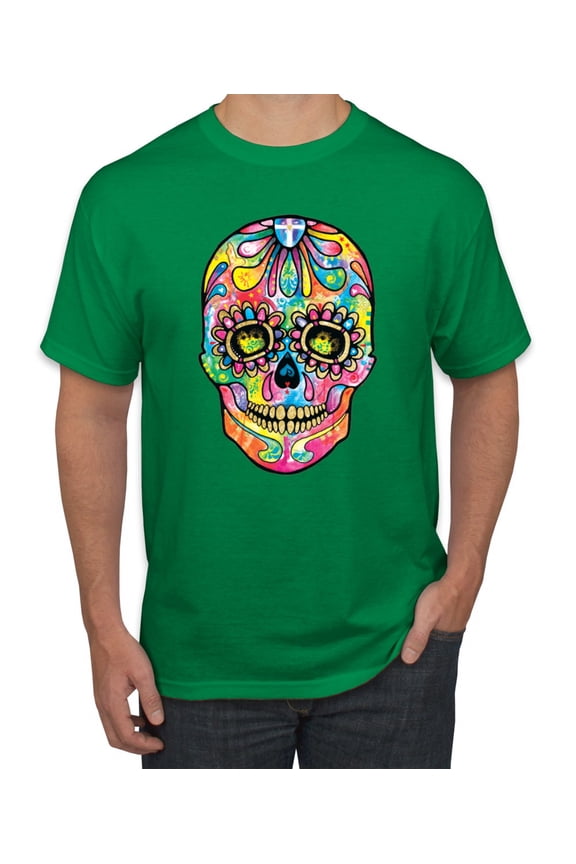 Dean Russo Colorful Sugar Skull Streetwear Men Graphic Tee, Kelly, X-Large
