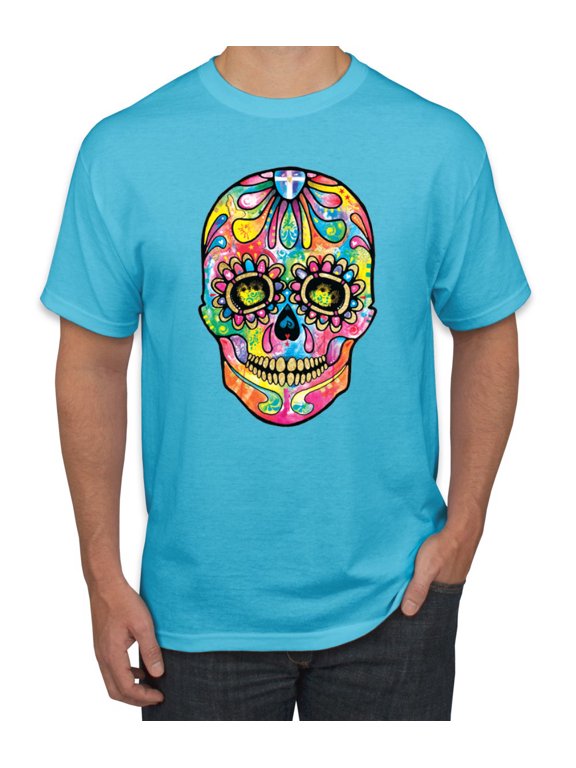 Dean Russo Colorful Sugar Skull Streetwear Men Graphic Tee, Light Turquoise, X-Large