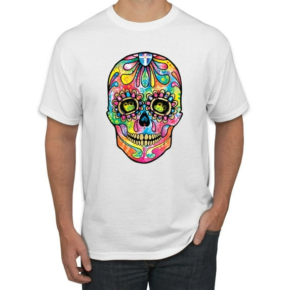 Wild Bobby Dean Russo Colorful Sugar Skull Streetwear Men Graphic Tee, White, 4X-Large