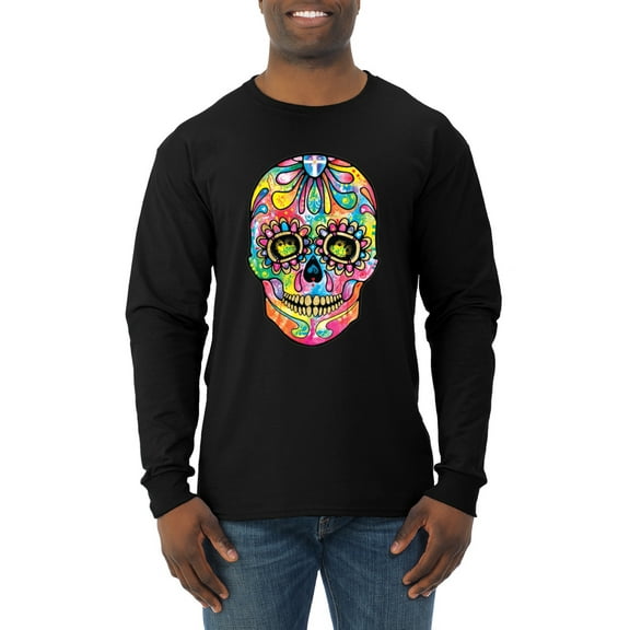 Wild Bobby Dean Russo Colorful Sugar Skull Streetwear Men Long Sleeve Shirt, Black, Small