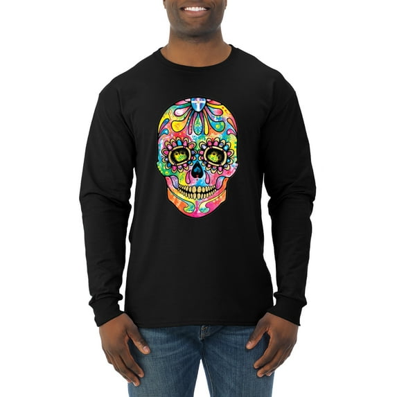 Wild Bobby Dean Russo Colorful Sugar Skull Streetwear Men Long Sleeve Shirt, Black, X-Large