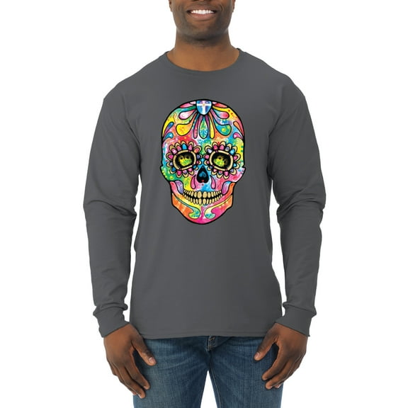 Wild Bobby Dean Russo Colorful Sugar Skull Streetwear Men Long Sleeve Shirt, Charcoal, Small