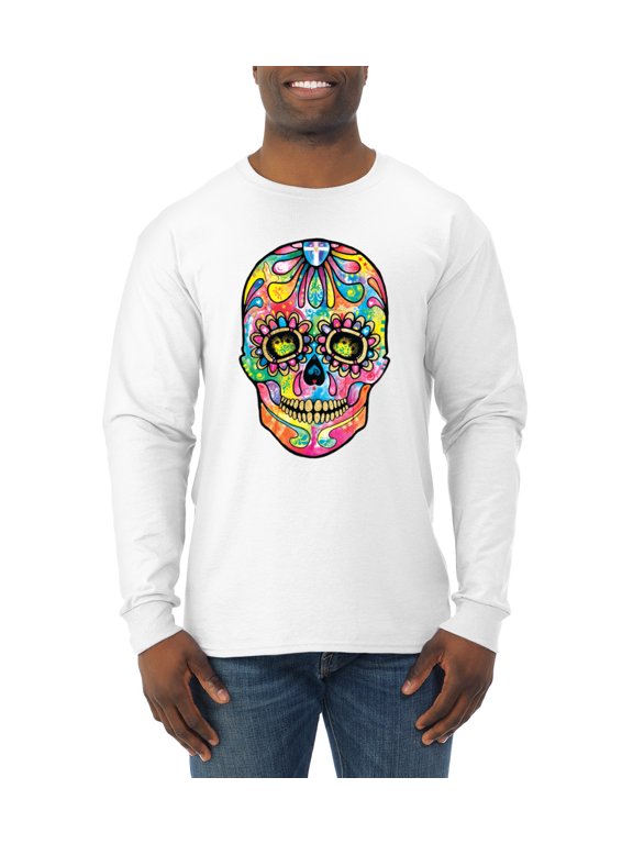 Dean Russo Colorful Sugar Skull Streetwear Men Long Sleeve Shirt, White, 3X-Large