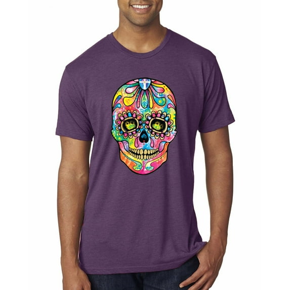 Wild Bobby Dean Russo Colorful Sugar Skull Streetwear Men Premium Tri Blend Tee, Vintage Purple, Medium