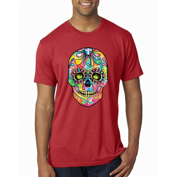 Wild Bobby Dean Russo Colorful Sugar Skull Streetwear Men Premium Tri Blend Tee, Vintage Red, Small