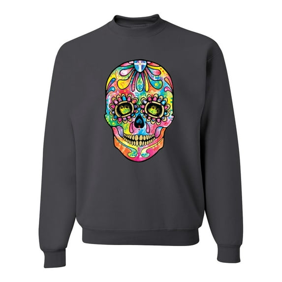 Wild Bobby Dean Russo Colorful Sugar Skull Streetwear Unisex Crewneck Graphic Sweatshirt, Charcoal, Large