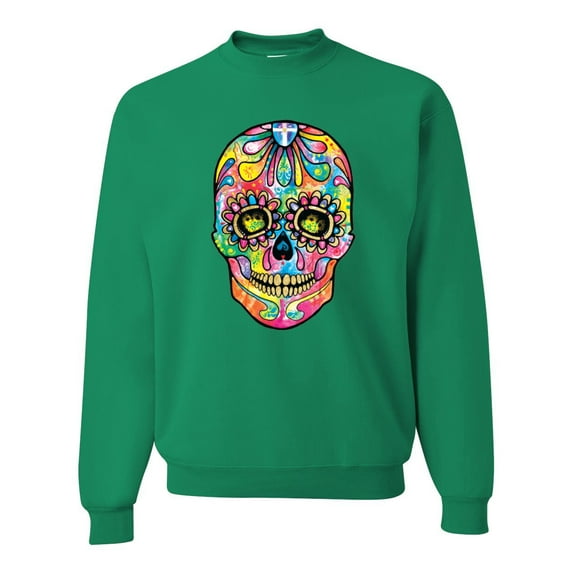 Wild Bobby Dean Russo Colorful Sugar Skull Streetwear Unisex Crewneck Graphic Sweatshirt, Kelly, 4X-Large
