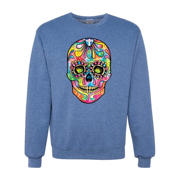 Wild Bobby Dean Russo Colorful Sugar Skull Streetwear Unisex Crewneck Graphic Sweatshirt, Vintage Heather Blue, XX-Large