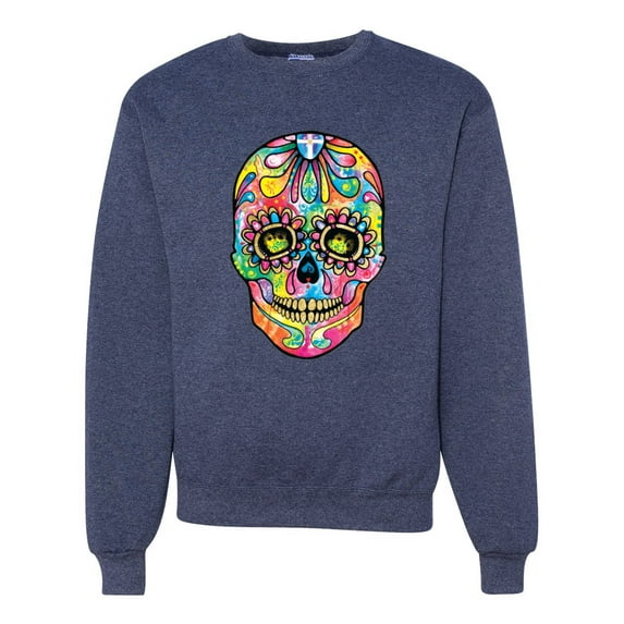 Wild Bobby Dean Russo Colorful Sugar Skull Streetwear Unisex Crewneck Graphic Sweatshirt, Vintage Heather Navy, Medium