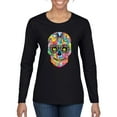 thumbnail image 1 of Wild Bobby Dean Russo Colorful Sugar Skull Streetwear Women Graphic Long Sleeve Tee, Black, Small, 1 of 5