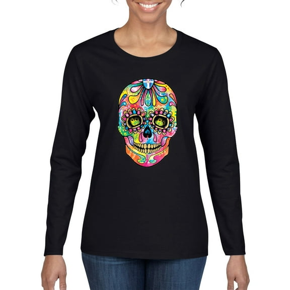 Wild Bobby Dean Russo Colorful Sugar Skull Streetwear Women Graphic Long Sleeve Tee, Black, Small