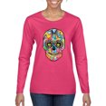 thumbnail image 1 of Wild Bobby Dean Russo Colorful Sugar Skull Streetwear Women Graphic Long Sleeve Tee, Fuschia, Large, 1 of 5