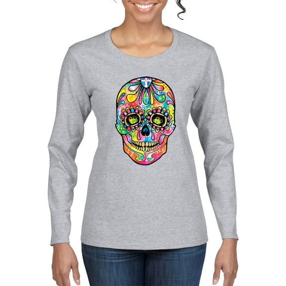 Wild Bobby Dean Russo Colorful Sugar Skull Streetwear Women Graphic Long Sleeve Tee, Heather Grey, Medium
