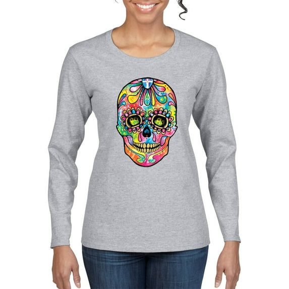 Wild Bobby Dean Russo Colorful Sugar Skull Streetwear Women Graphic Long Sleeve Tee, Heather Grey, X-Large