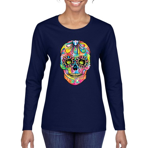 Wild Bobby Dean Russo Colorful Sugar Skull Streetwear Women Graphic Long Sleeve Tee, Navy, Medium