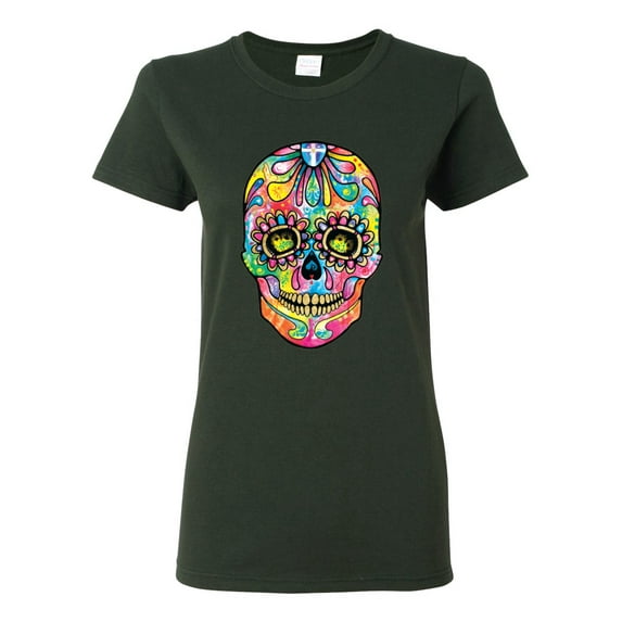 Wild Bobby Dean Russo Colorful Sugar Skull Streetwear Women Graphic Tee, Forest Green, Small