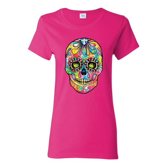 Wild Bobby Dean Russo Colorful Sugar Skull Streetwear Women Graphic Tee, Fuschia, Medium