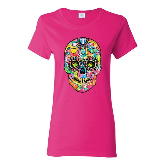 Wild Bobby Dean Russo Colorful Sugar Skull Streetwear Women Graphic Tee, Fuschia, XX-Large