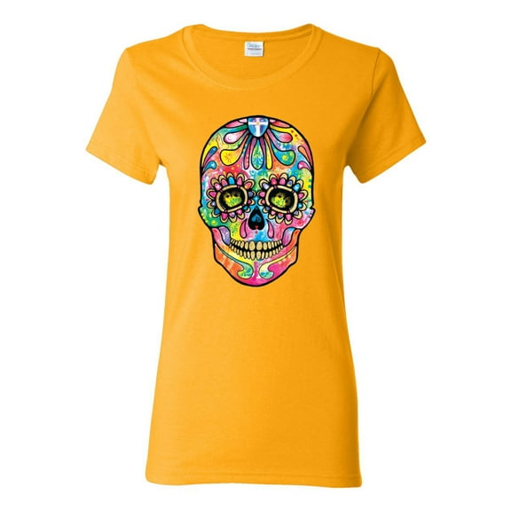 Wild Bobby Dean Russo Colorful Sugar Skull Streetwear Women Graphic Tee, Gold, X-Large