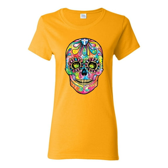 Wild Bobby Dean Russo Colorful Sugar Skull Streetwear Women Graphic Tee, Gold, XX-Large