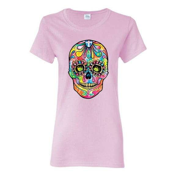 Wild Bobby Dean Russo Colorful Sugar Skull Streetwear Women Graphic Tee, Light Pink, Small