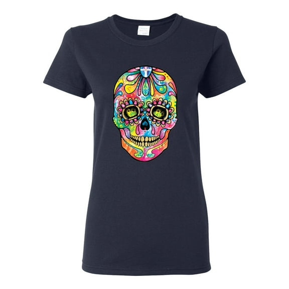 Wild Bobby Dean Russo Colorful Sugar Skull Streetwear Women Graphic Tee, Navy, Small