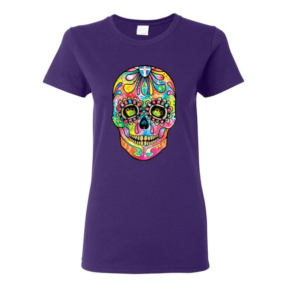 Wild Bobby Dean Russo Colorful Sugar Skull Streetwear Women Graphic Tee, Purple, X-Large