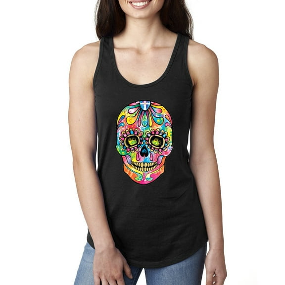 Wild Bobby Dean Russo Colorful Sugar Skull Streetwear Women Racerback Tank Top, Black, Small