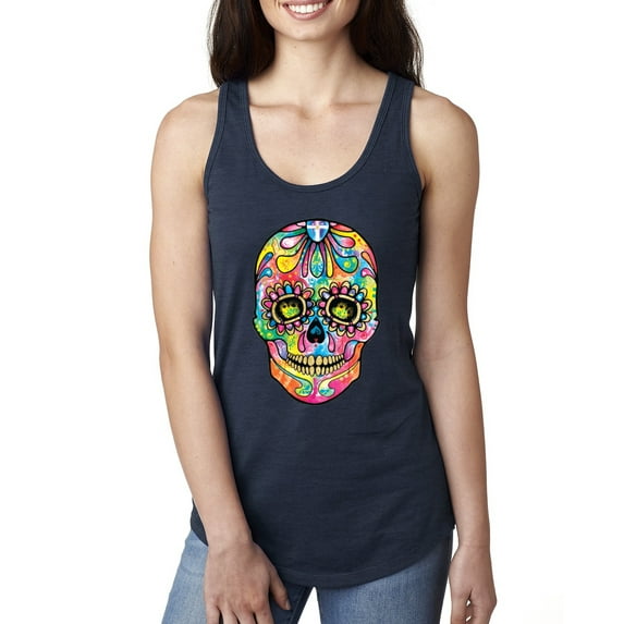Wild Bobby Dean Russo Colorful Sugar Skull Streetwear Women Racerback Tank Top, Navy, Medium