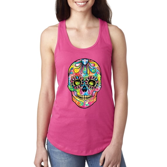 Wild Bobby, Dean Russo Colorful Sugar Skull Streetwear Women Racerback Tank Top, Raspberry, X-Large