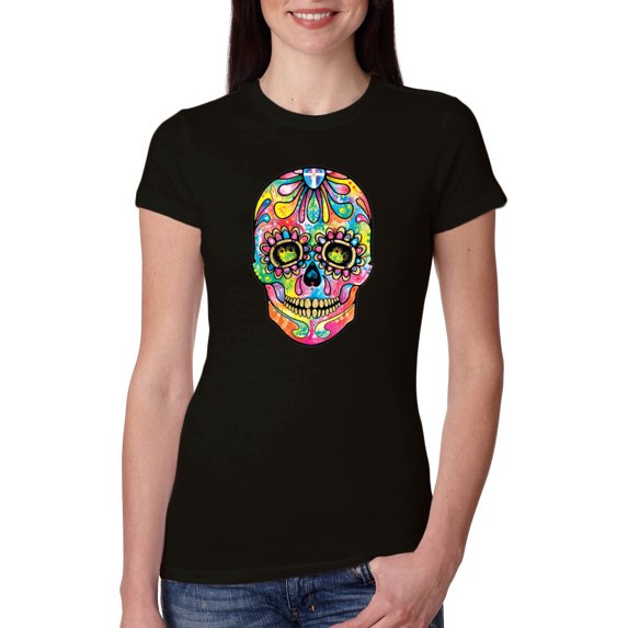 Wild Bobby Dean Russo Colorful Sugar Skull Streetwear Women Slim Fit Junior Tee, Black, Small