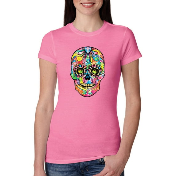 Wild Bobby Dean Russo Colorful Sugar Skull Streetwear Women Slim Fit Junior Tee, Hot Pink, X-Large