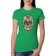 thumbnail image 1 of Wild Bobby Dean Russo Colorful Sugar Skull Streetwear Women Slim Fit Junior Tee, Kelly, Large, 1 of 5