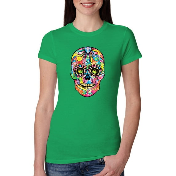Wild Bobby Dean Russo Colorful Sugar Skull Streetwear Women Slim Fit Junior Tee, Kelly, Large
