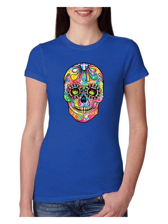 Dean Russo Colorful Sugar Skull Streetwear Women Slim Fit Junior Tee, Royal, Medium
