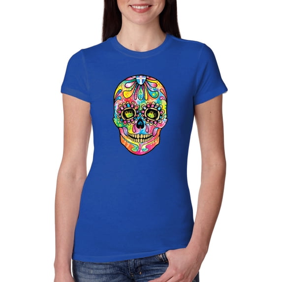 Wild Bobby Dean Russo Colorful Sugar Skull Streetwear Women Slim Fit Junior Tee, Royal, XX-Large