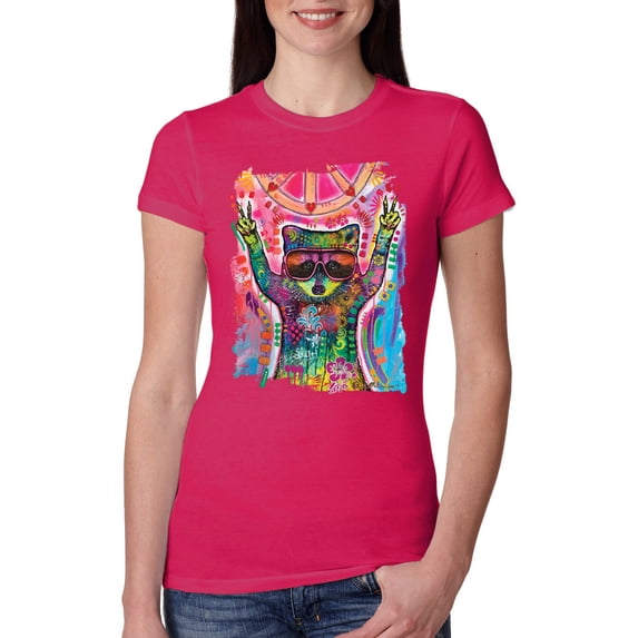 Dean Russo Cosmic Trash Panda Animal Lover Womens Slim Fit Junior Tee, Raspberry, Small