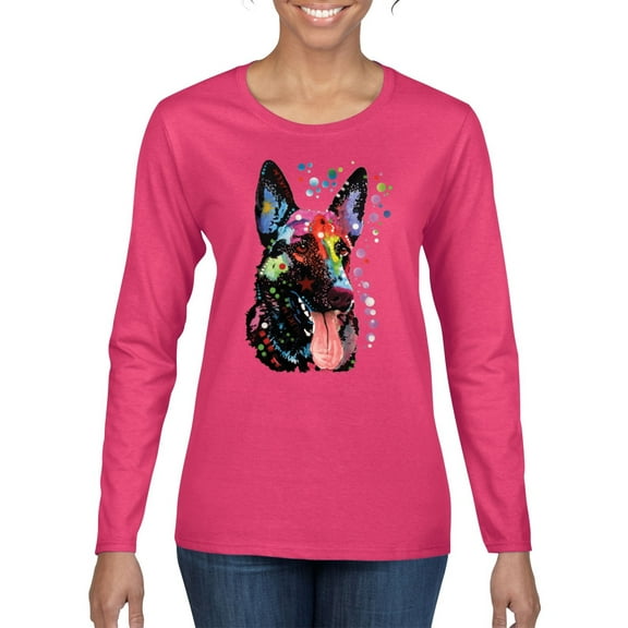 Wild Bobby Dean Russo German Shepherd Dog Lover Women Graphic Long Sleeve Tee, Fuschia, X-Large