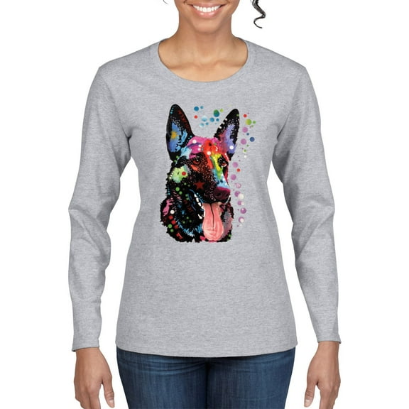 Wild Bobby Dean Russo German Shepherd Dog Lover Women Graphic Long Sleeve Tee, Heather Grey, Medium
