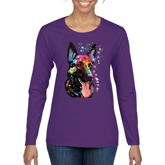 Wild Bobby Dean Russo German Shepherd Dog Lover Women Graphic Long Sleeve Tee, Purple, Medium
