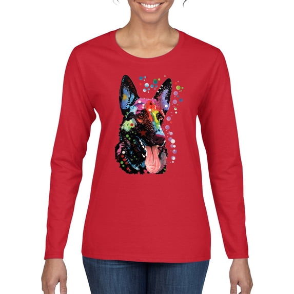 Wild Bobby Dean Russo German Shepherd Dog Lover Women Graphic Long Sleeve Tee, Red, X-Large